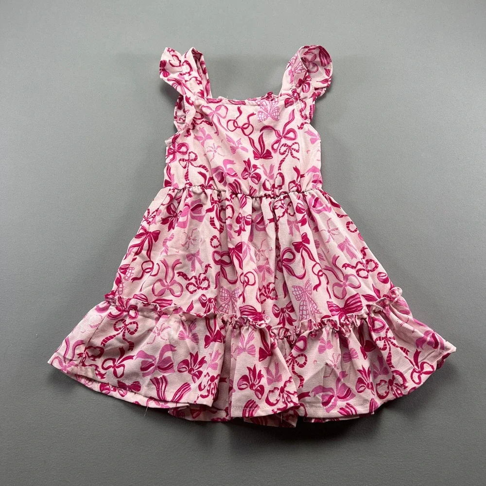 Nannette A Line Dress Girls 5 Pink All Over Bow Print Ruffle Shoulder Straps